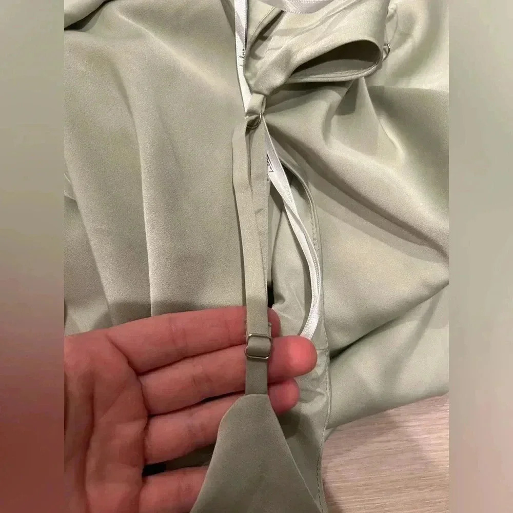 NWT LULU’S What a Stunner Sage Green Satin Asymmetrical
Mini Dress / Size Medium - Picture 7 of 9